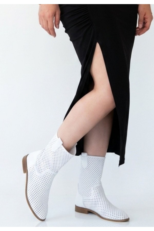 Hojda White Laser Cut Leather Heeled Boots