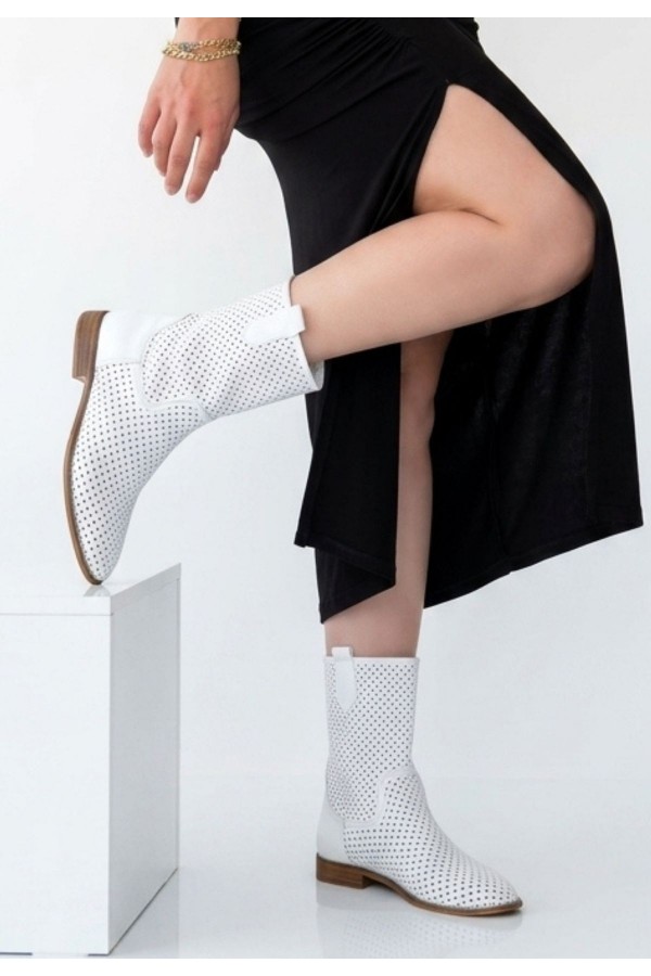 Hojda White Laser Cut Leather Heeled Boots