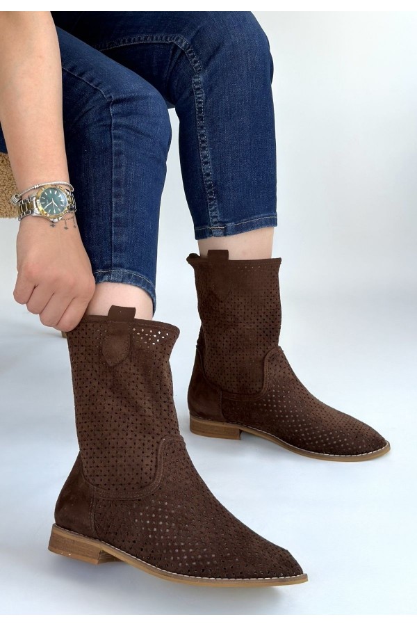 Hojda Brown Laser Cut Suede Heeled Boots