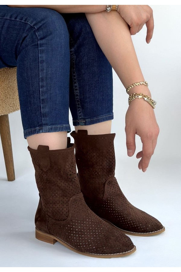 Hojda Brown Laser Cut Suede Heeled Boots