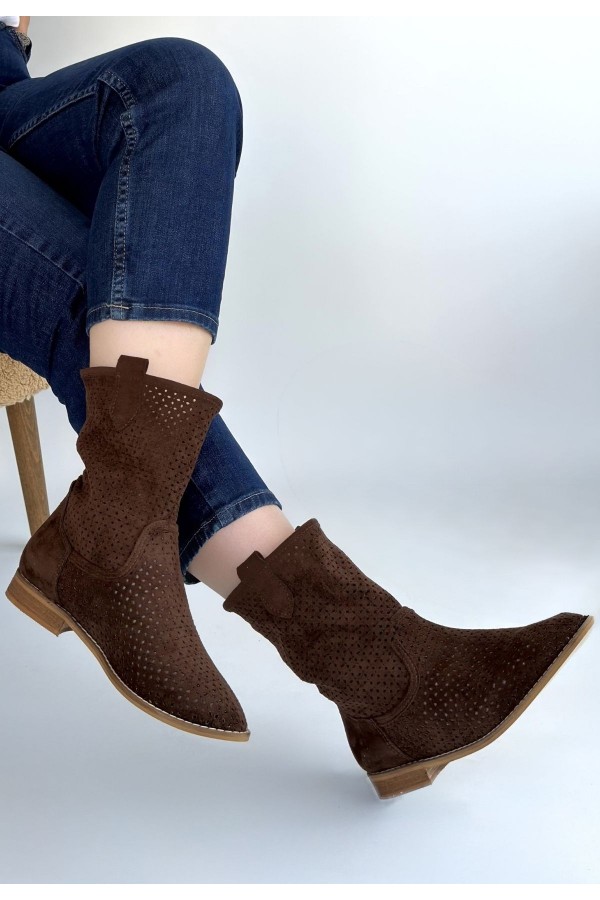 Hojda Brown Laser Cut Suede Heeled Boots