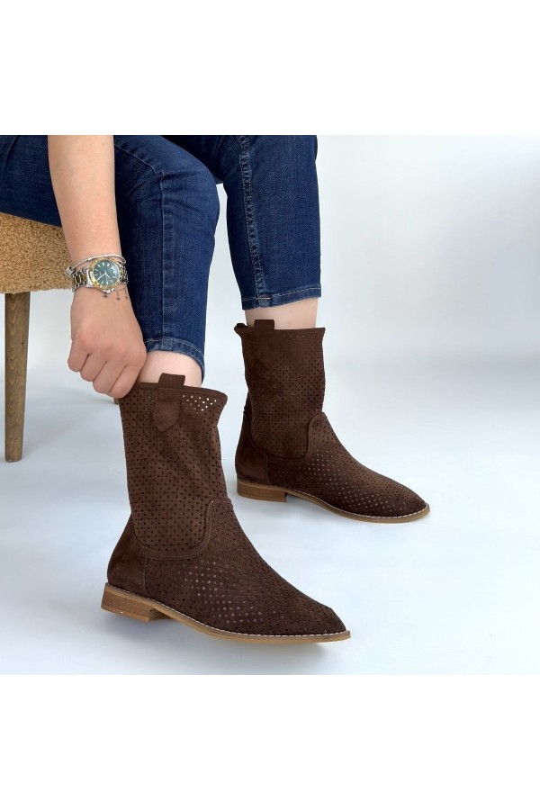 Hojda Brown Laser Cut Suede Heeled Boots
