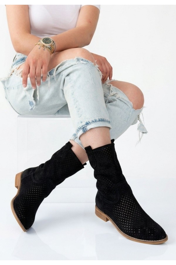 Hojda Black Laser Cut Suede Heeled Boots