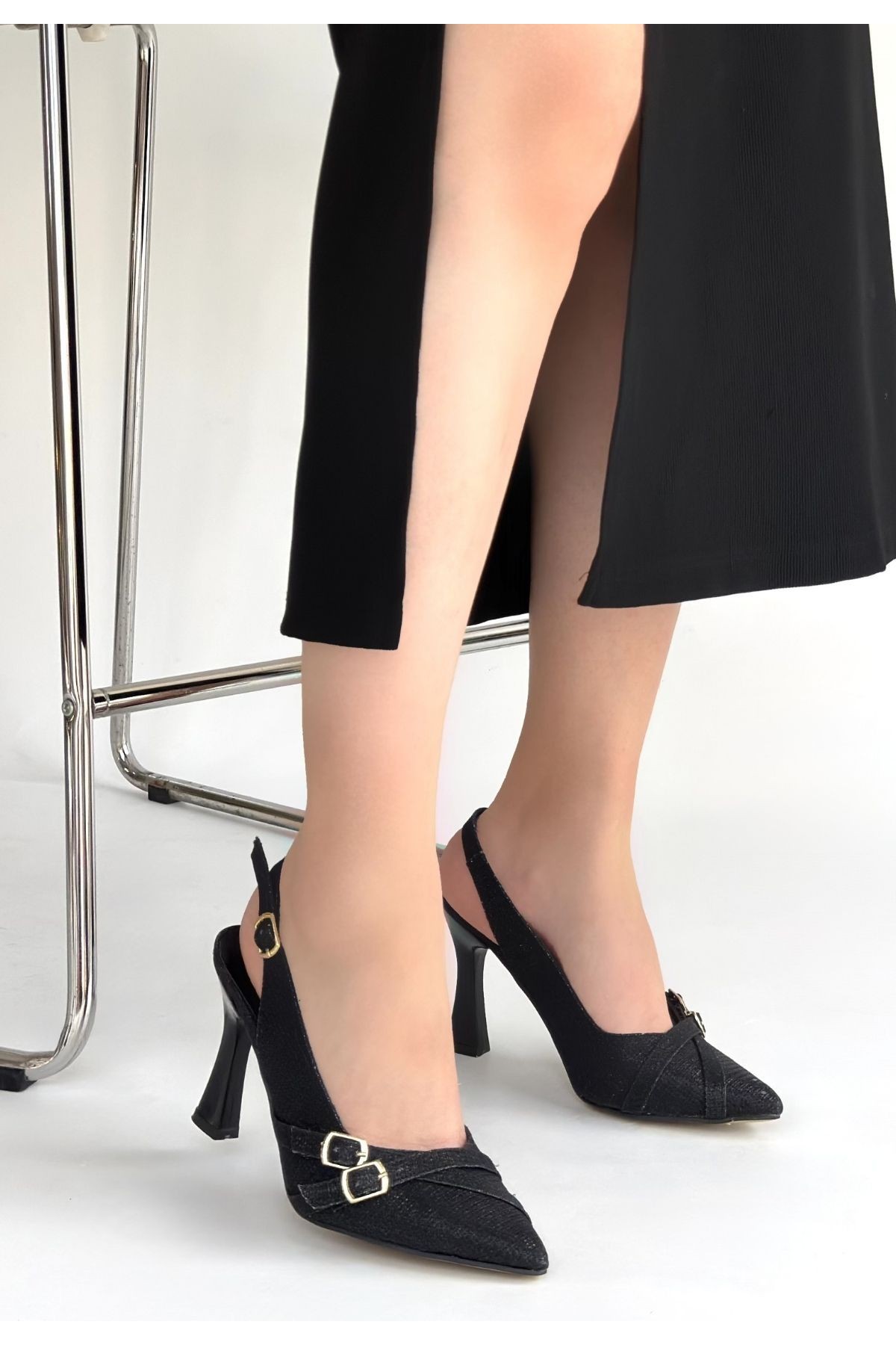 Jedda Black Glitter Leather High Heel Shoes