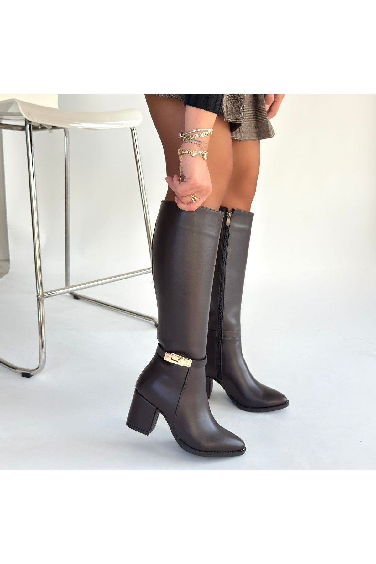 Jeoli Brown Leather Heeled Boots detay görseli