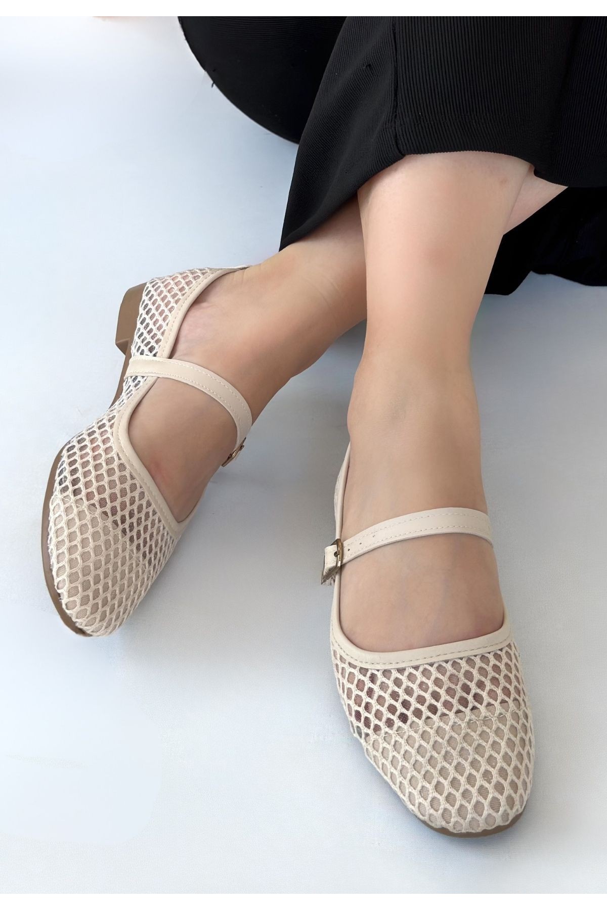 Junay Beige Leather Mesh Ballet Flats