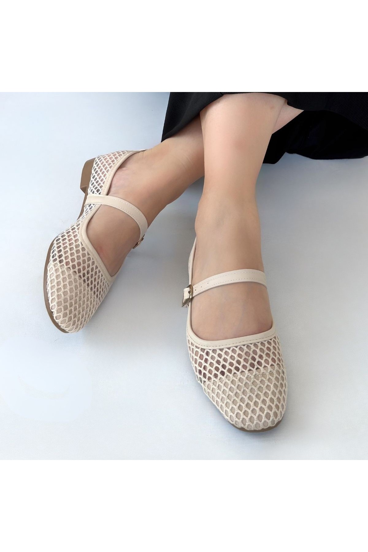 Junay Beige Leather Mesh Ballet Flats detay görseli