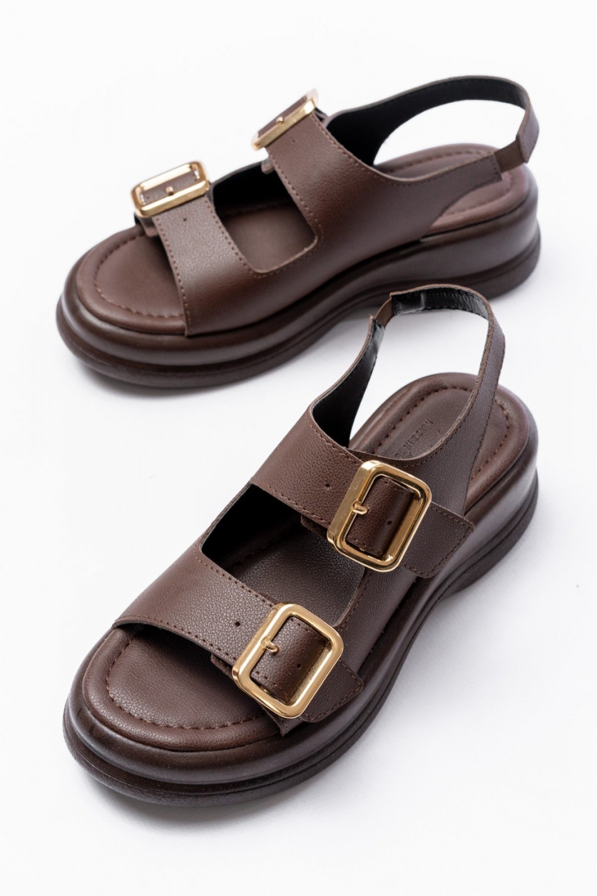 Kaji Brown Leather Double Buckle Sandals
