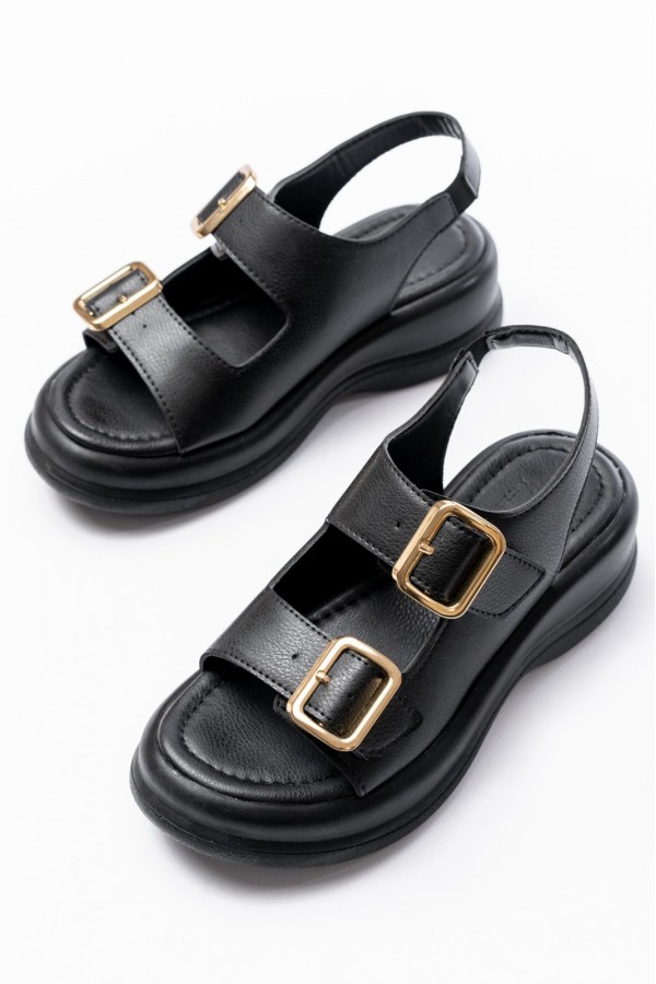 Kaji Black Leather Double Buckle Sandals