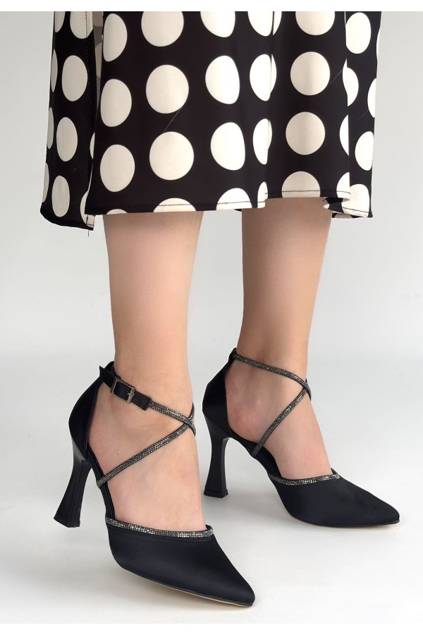 Kanji Black Satin High Heel Shoes