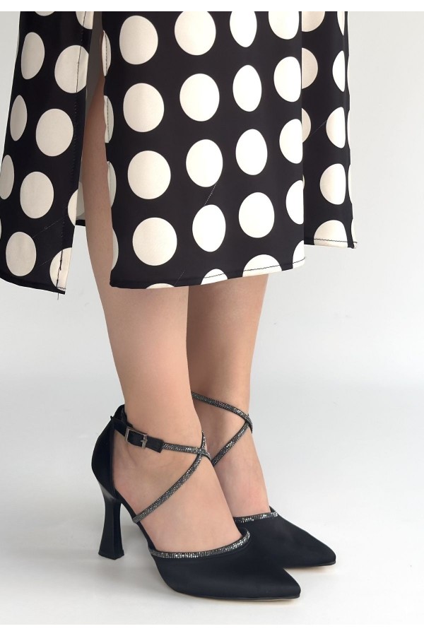 Kanji Black Satin High Heel Shoes