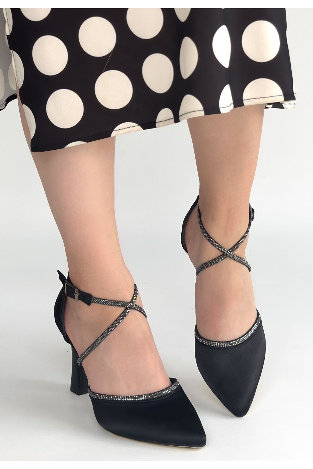 Kanji Black Satin High Heel Shoes