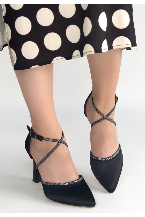 Kanji Black Satin High Heel Shoes