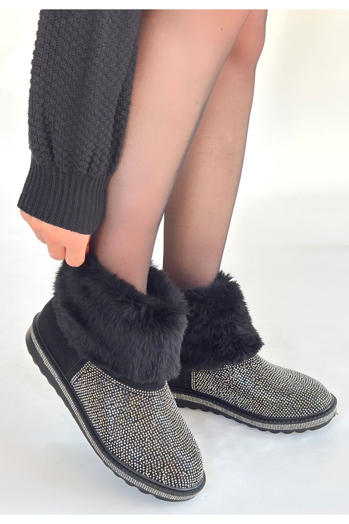 Linka Black Suede Boots with Silver Bead Embellishments