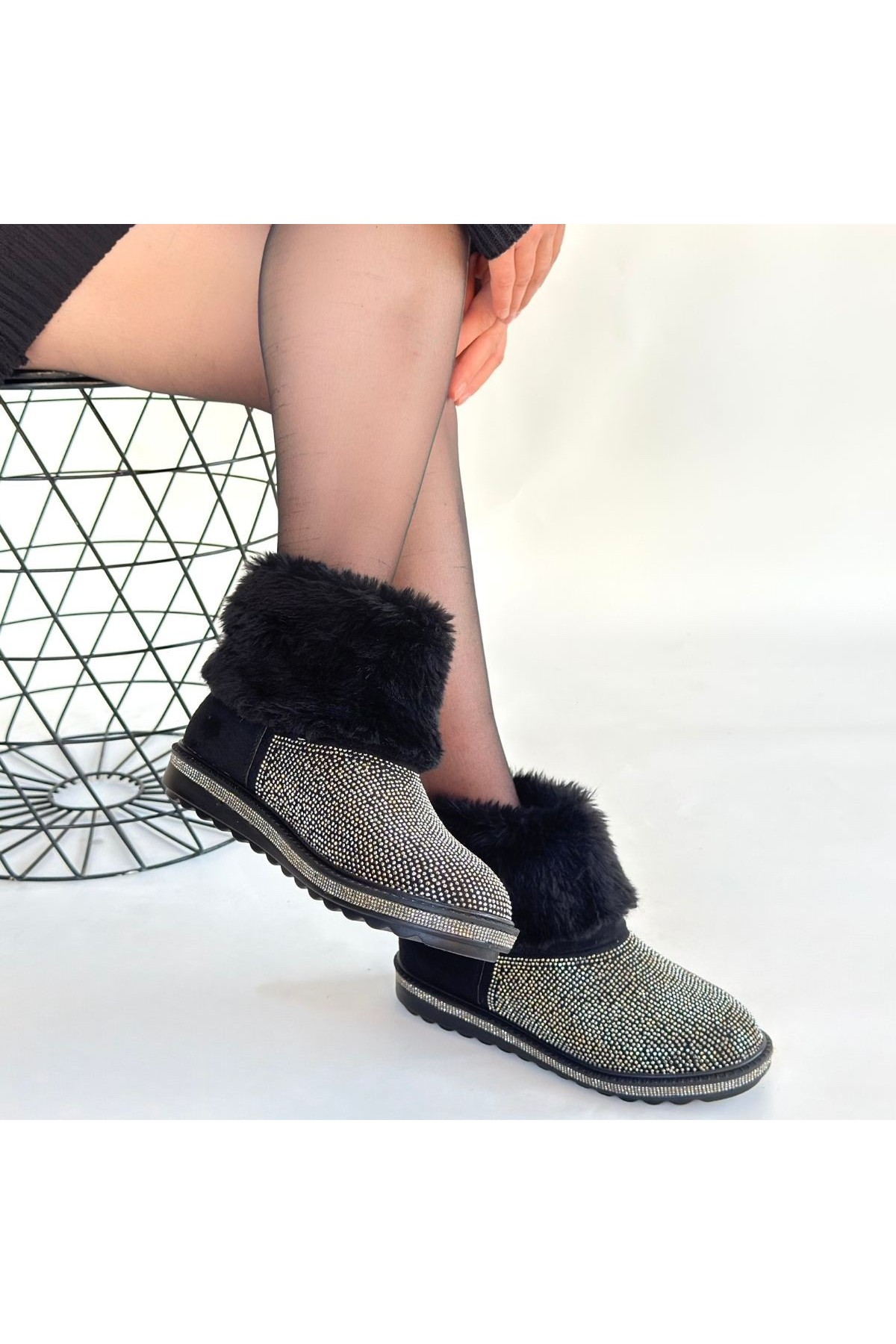 Linka Black Suede Boots with Silver Bead Embellishments detay görseli