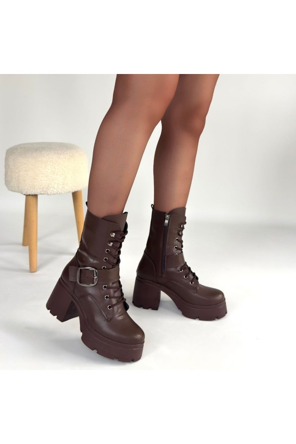 Linma Brown Leather Lace-up Heeled Boots