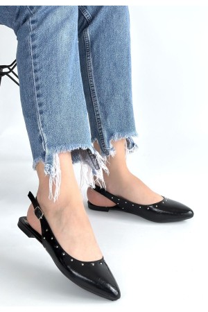 حذاء باليه مسطح من الجلد الأسود اللامع من Lowwi