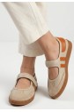 Menja Beige Leather Ballet Flats with Orange Details and Velcro Closure