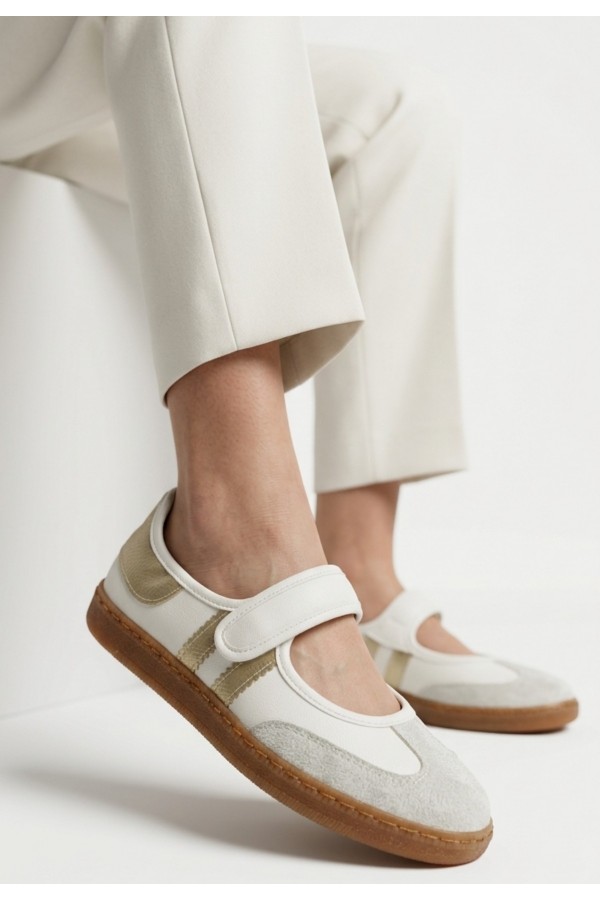 Menja White Leather Gold Detail Velcro Ballet Flats