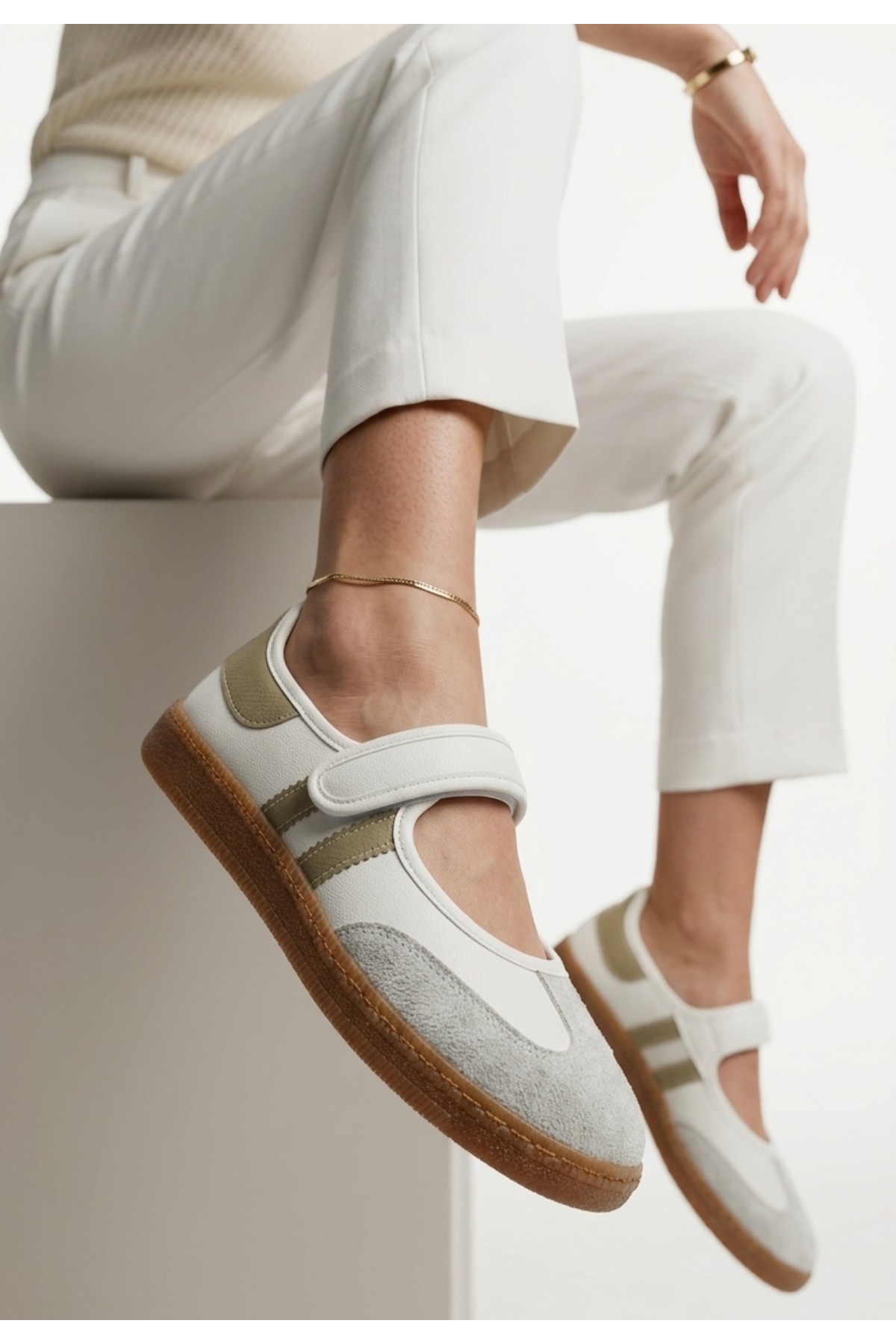 Menja White Leather Gold Detail Velcro Ballet Flats