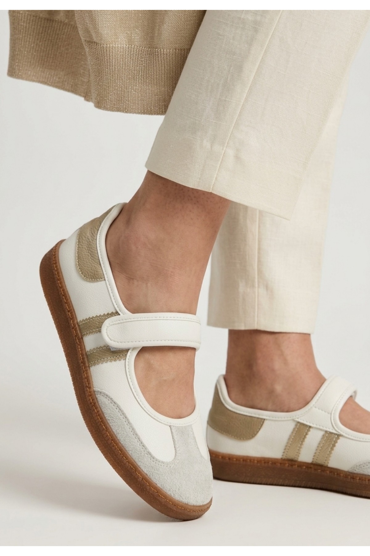 Menja White Leather Gold Detail Velcro Ballet Flats