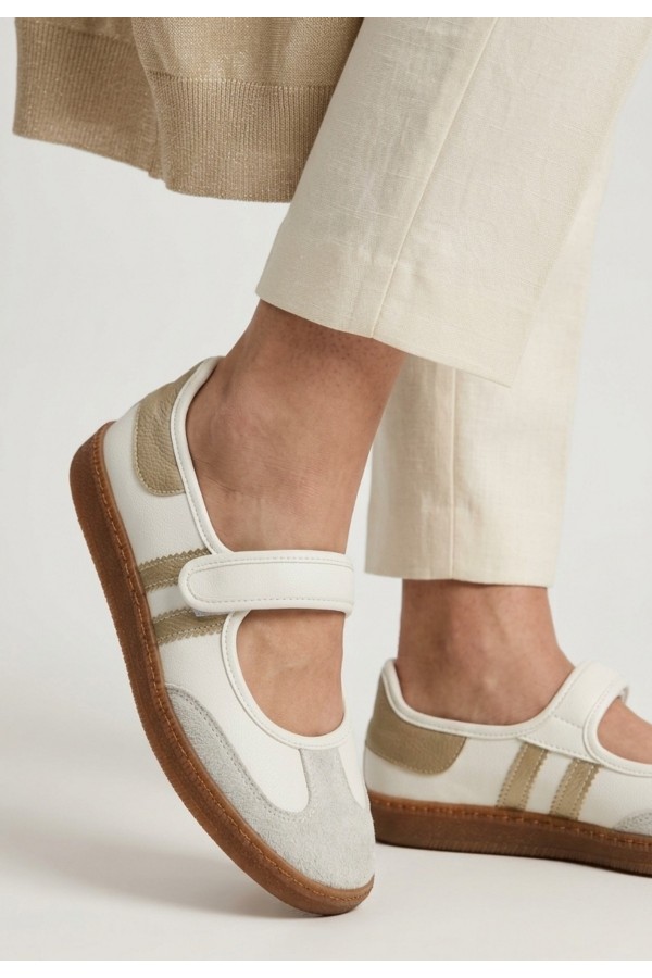 Menja White Leather Gold Detail Velcro Ballet Flats