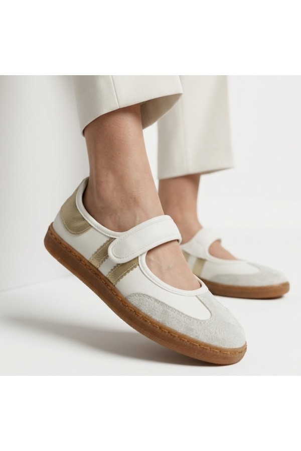 Menja White Leather Gold Detail Velcro Ballet Flats