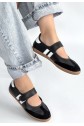 Menja Black Leather Velcro Ballet Flats