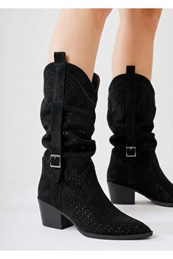 Meria Black Suede Laser Cut Cowboy Heel Boots