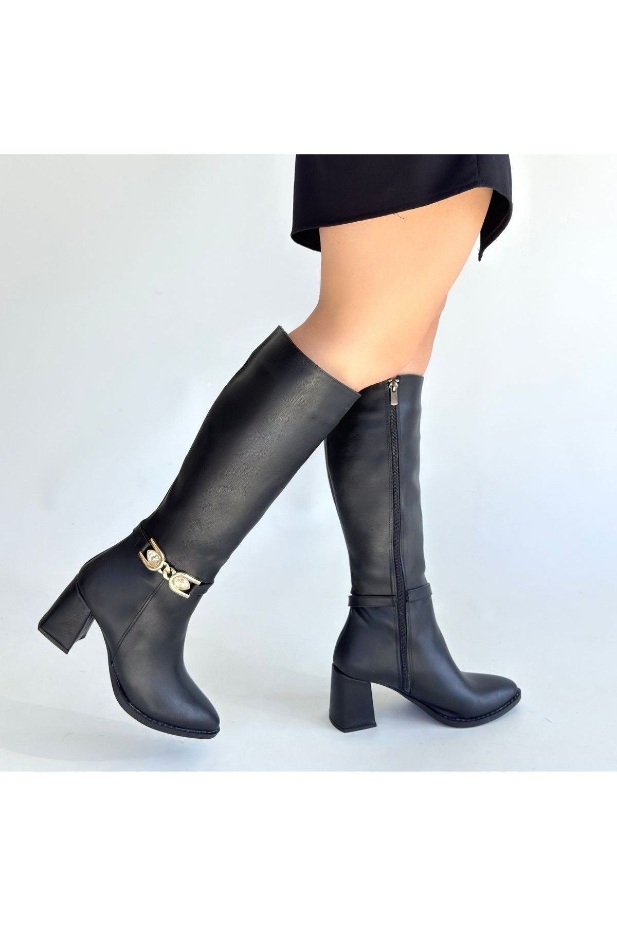 Mooni Black Leather Heeled Boots detay görseli