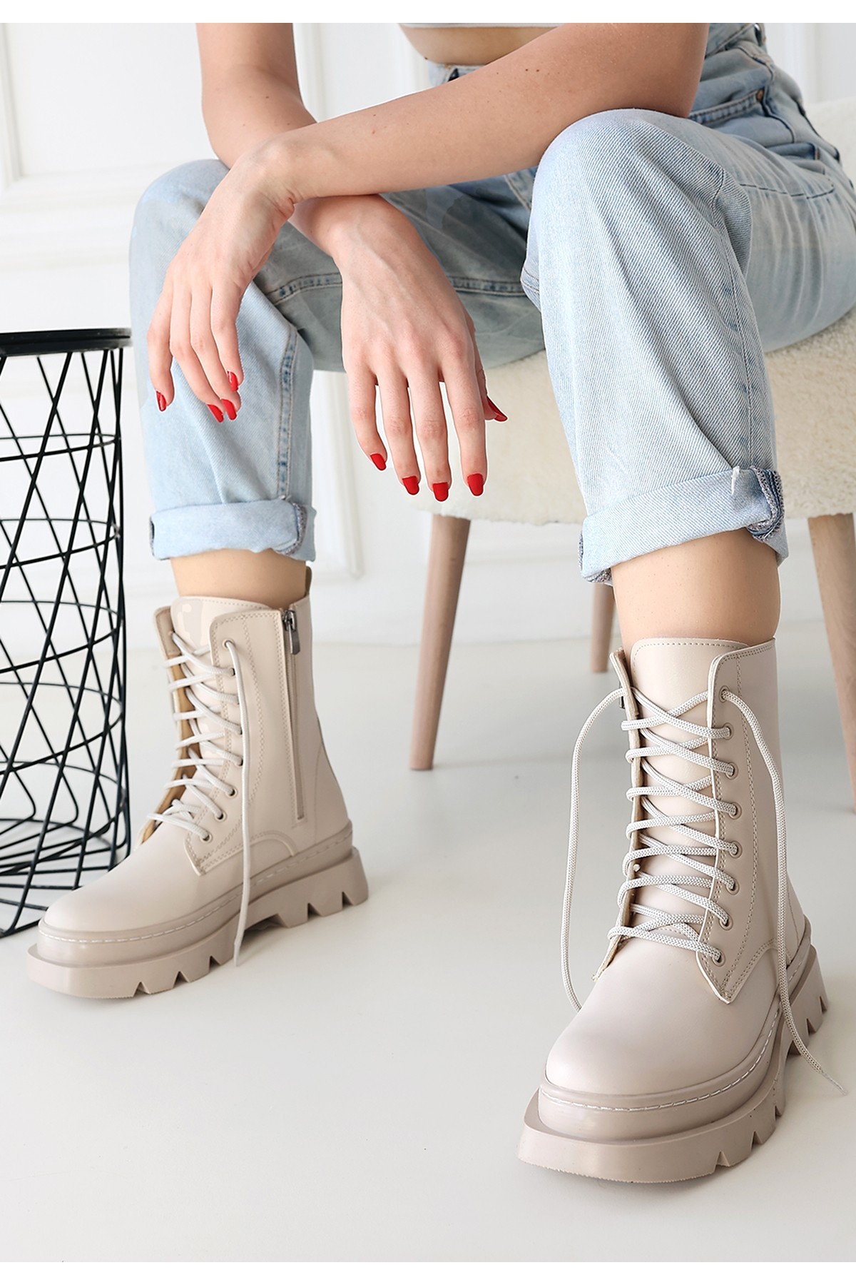 Orge Beige Leather Lace-up Boots