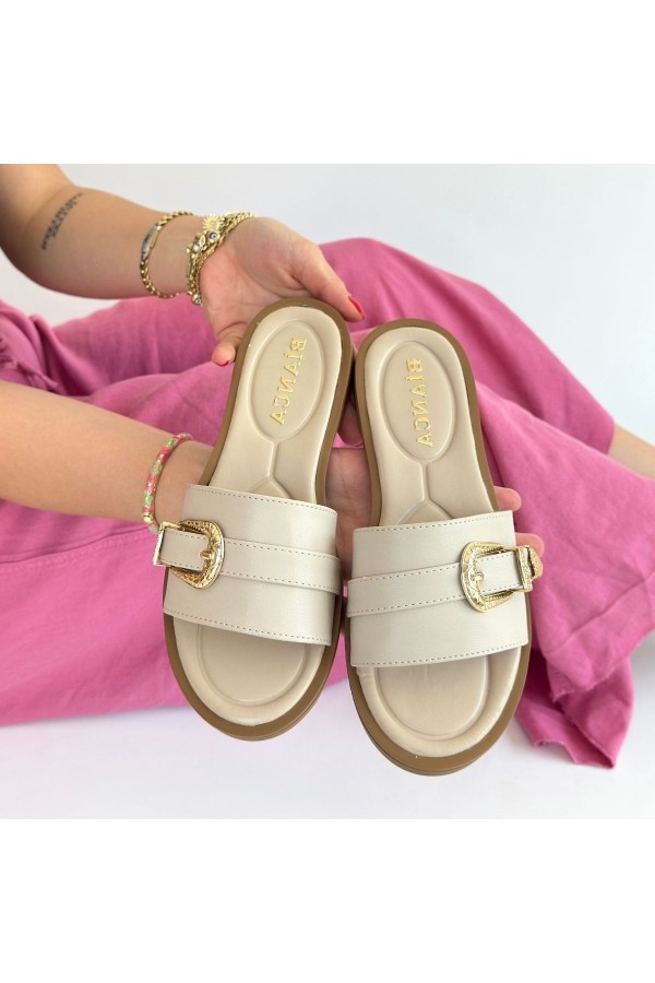Orja Beige Leather Slippers