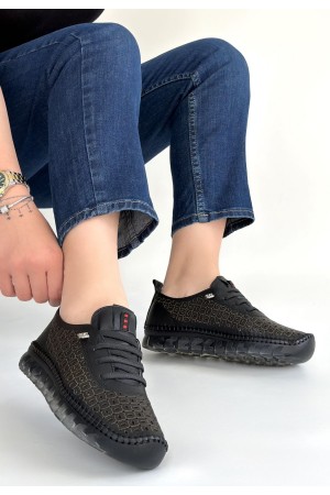 Otja Siyah Deri Lazerli Bağcıklı Spor Ayakkabı