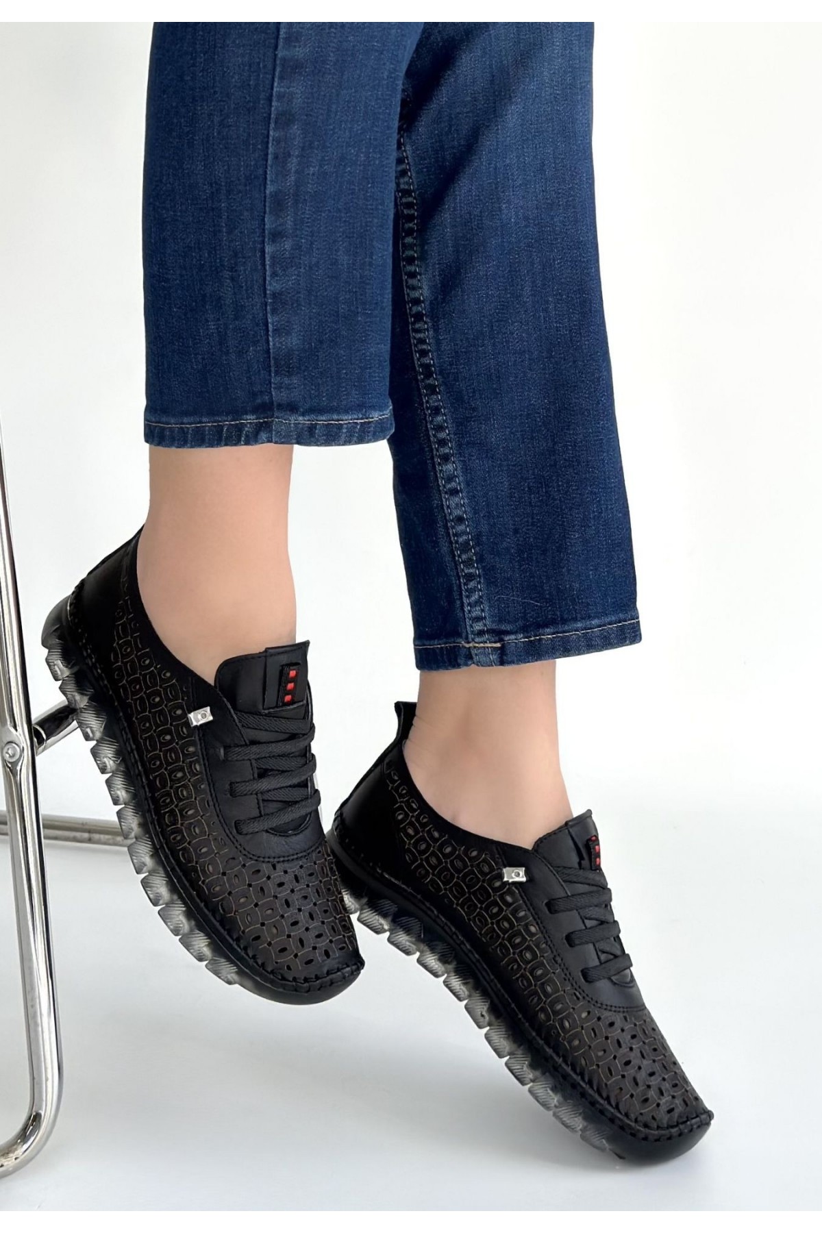 Otja Black Leather Laser-Cut Lace-Up Sneakers