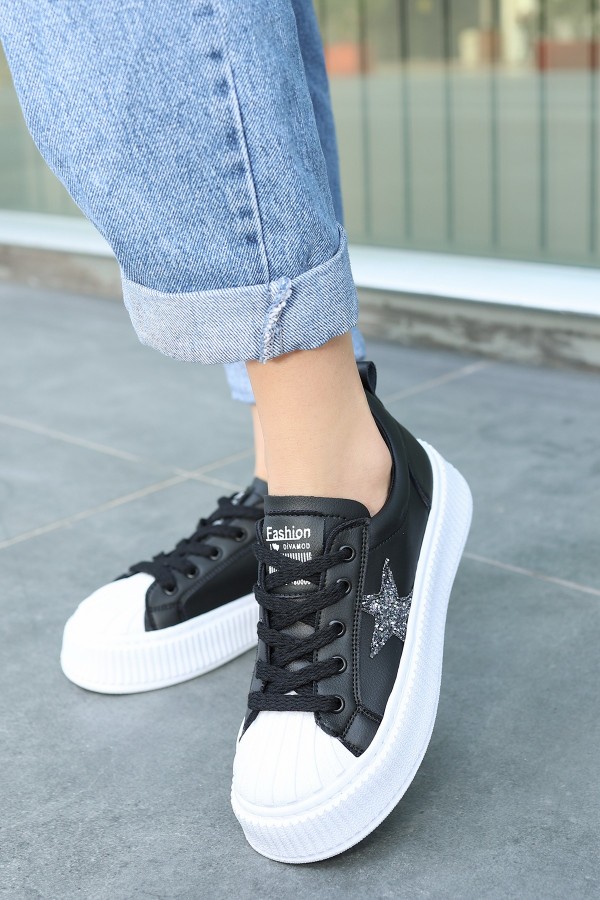 Piata Black Leather White Sole Lace-up Athletic Shoes