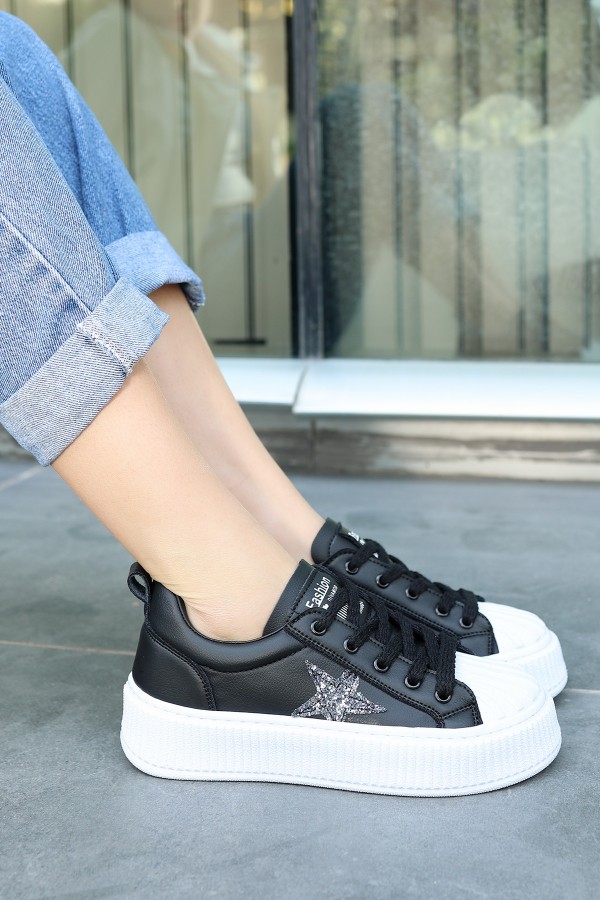 Piata Black Leather White Sole Lace-up Athletic Shoes