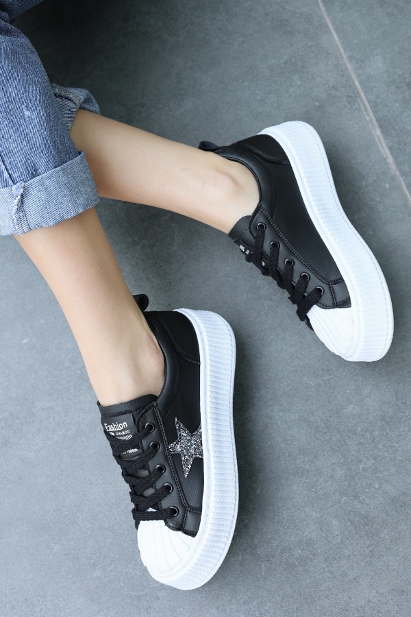 Piata Black Leather White Sole Lace-up Athletic Shoes