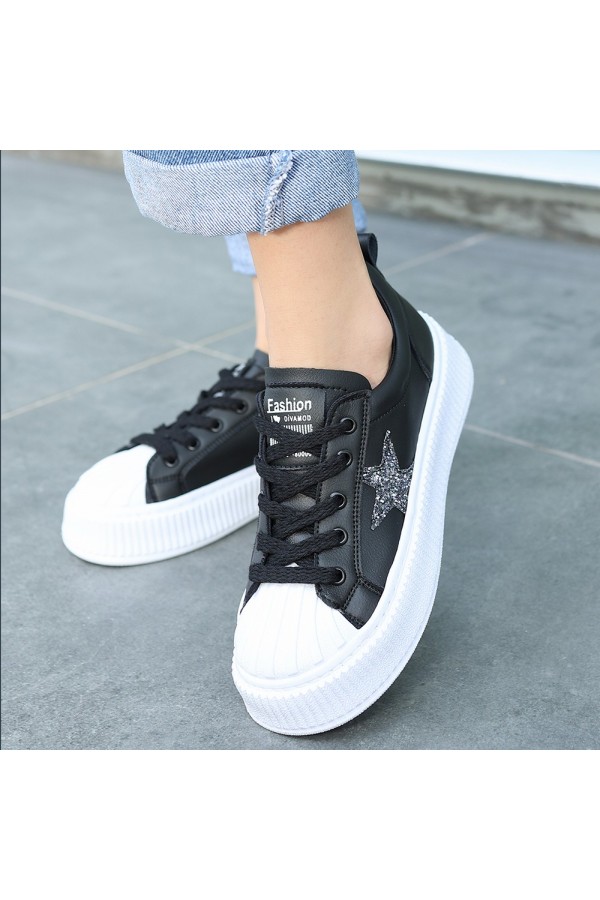 Piata Black Leather White Sole Lace-up Athletic Shoes
