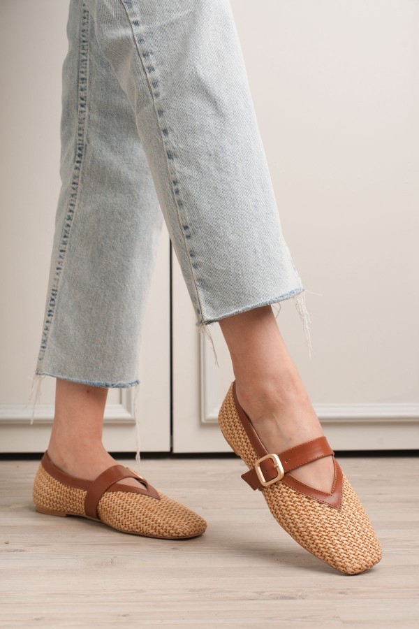 Ponti Tan Leather Woven Detail Ballet Flats