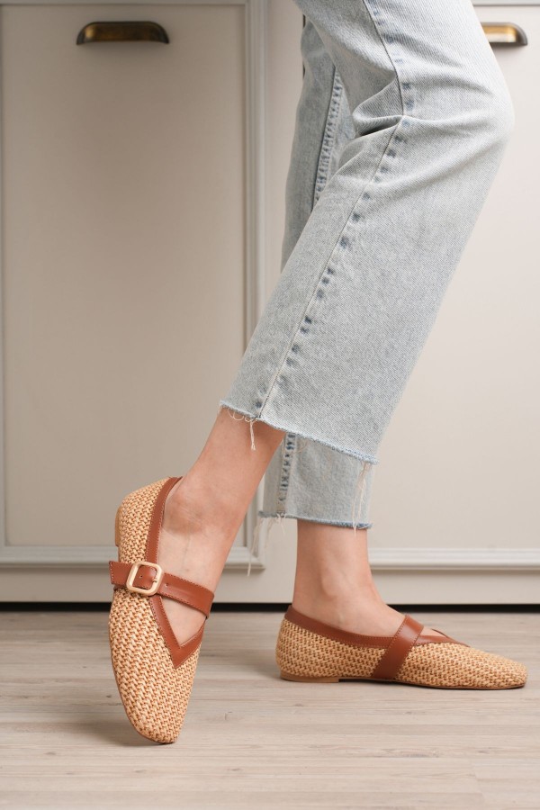 Ponti Tan Leather Woven Detail Ballet Flats