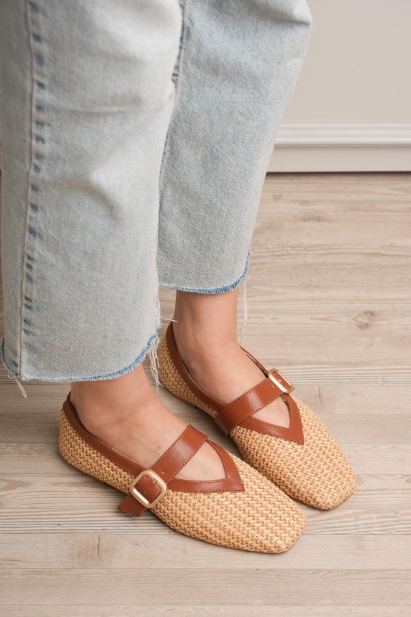Ponti Tan Leather Woven Detail Ballet Flats