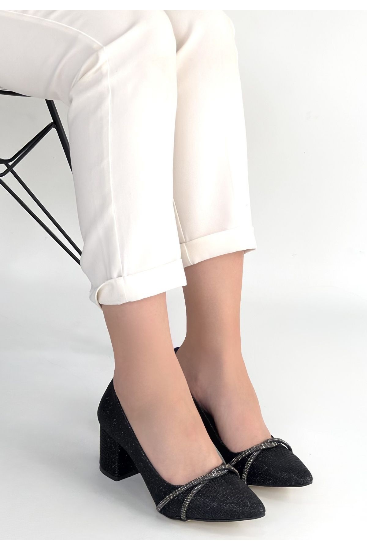 Rewin Black Glitter Leather High Heel Shoes
