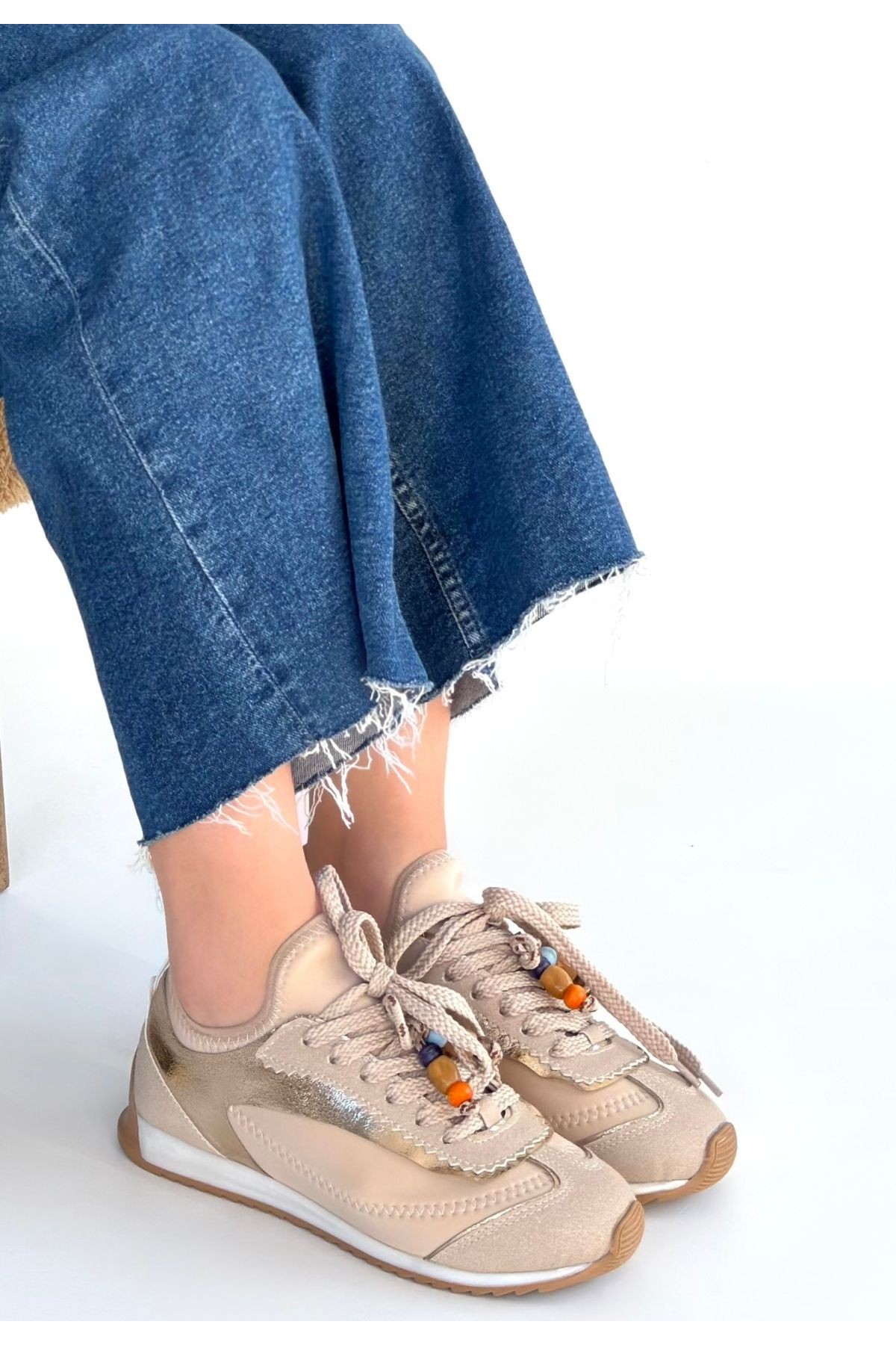 Riaf Beige Leather Lace-up Sneakers