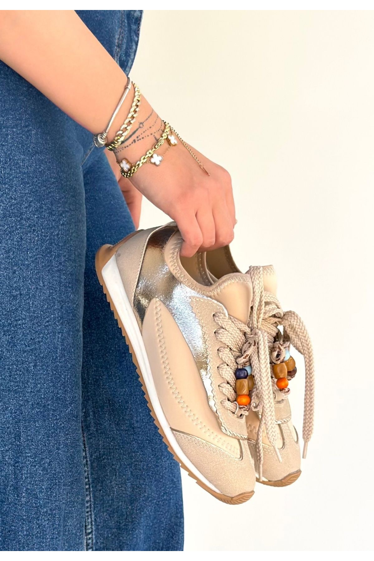 Riaf Beige Leather Lace-up Sneakers