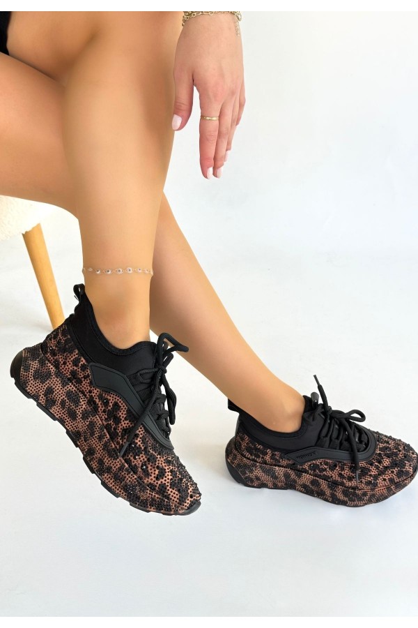 Rimay Brown Leopard Beaded Sneakers