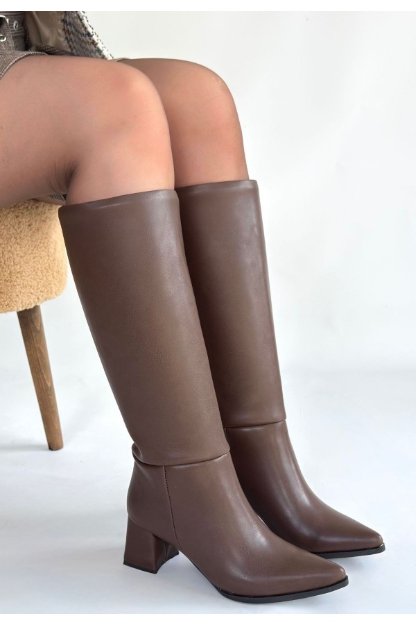 Roksa Dark Coffee Leather Heeled Boots