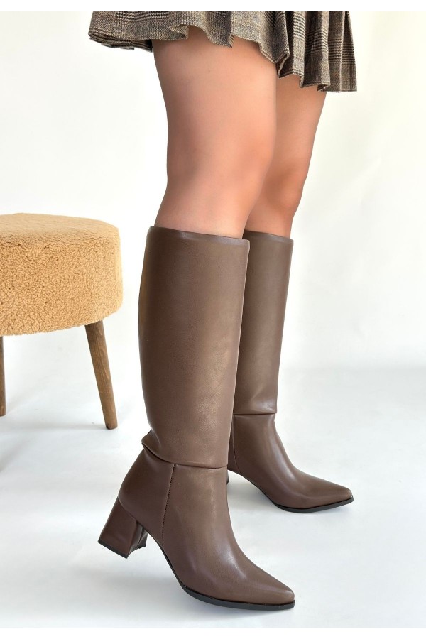 Roksa Dark Coffee Leather Heeled Boots