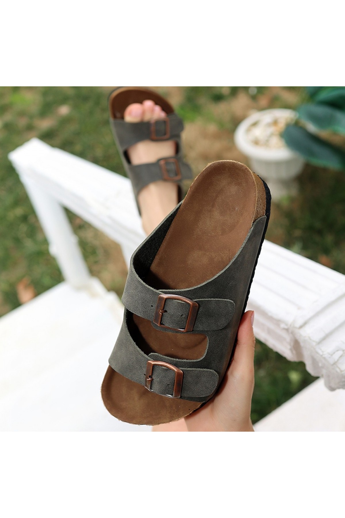 Rino Khaki Green Nubuck Slippers detay görseli