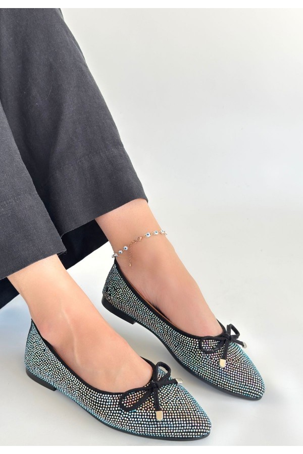 Sarra Black Satin Embroidered Ballet Flats