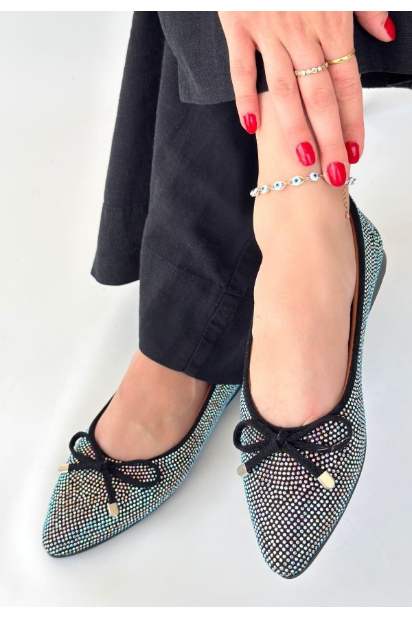 Sarra Black Satin Embroidered Ballet Flats